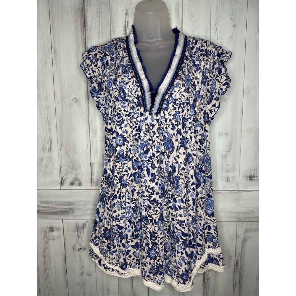 POUPETTE ST BARTH BLUE FLORAL CROCHET SASHA PLEATED FLUTTER SLEEVE MINI DRESS XS